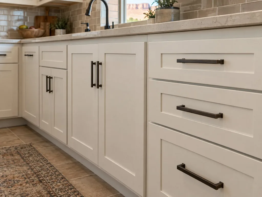 Representative detail of painted cabinet doors, drawer fronts, face frames, and hardware